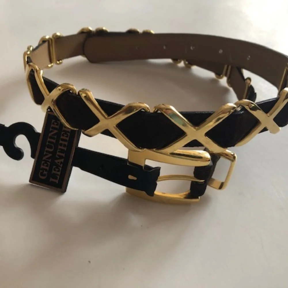 Brown suede leather fashion belt with gold accents